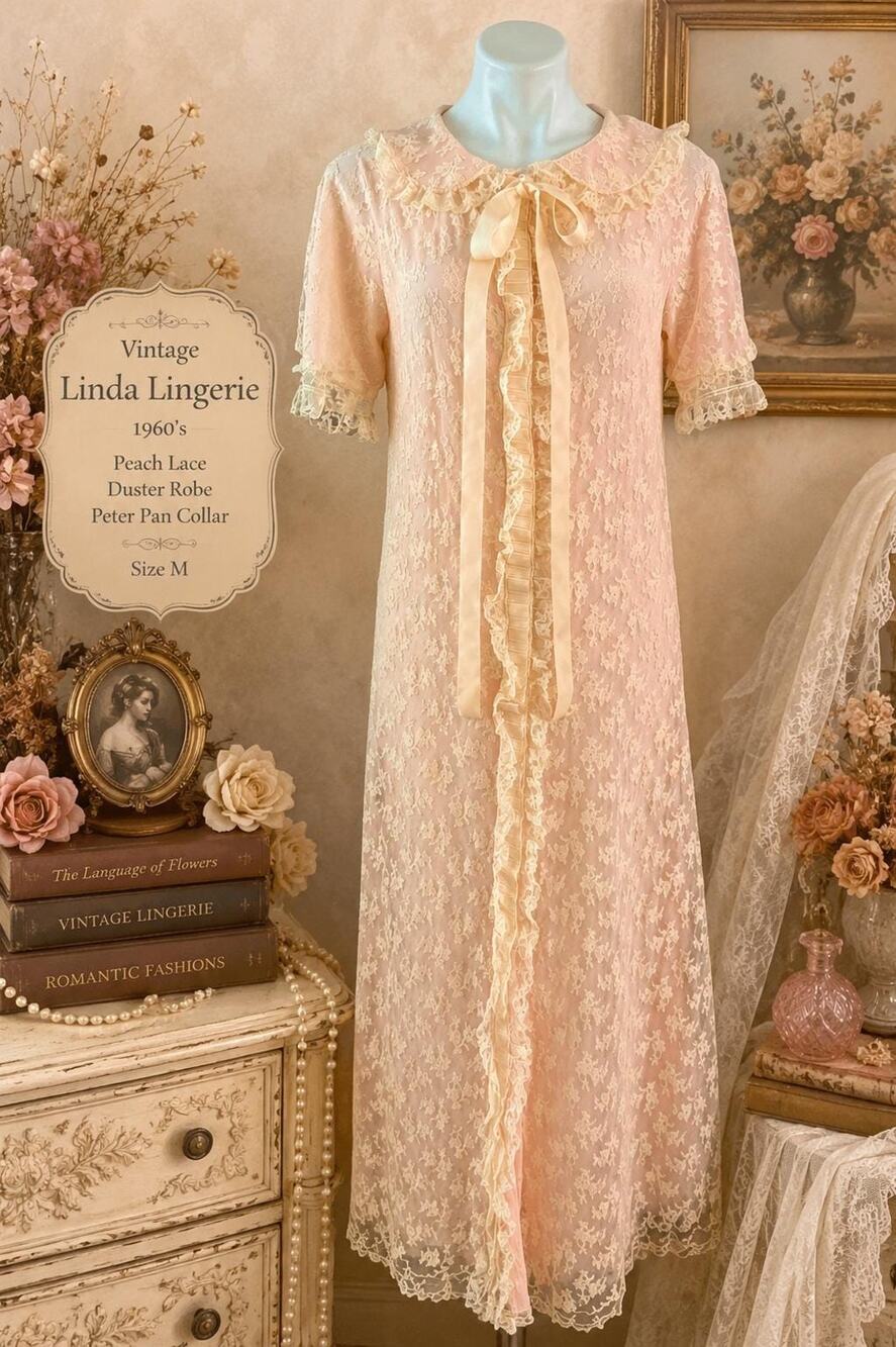 Vintage Linda Lingerie 1960’s Peach Lace Duster Robe Peter Pan Collar M